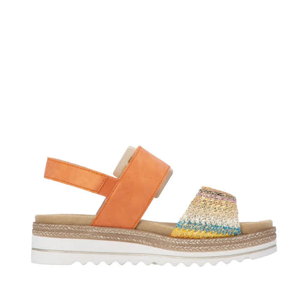 Remonte D0Q62-38 women's orange and gold touch fastening sandals with embellished front strap and cushioned sole.