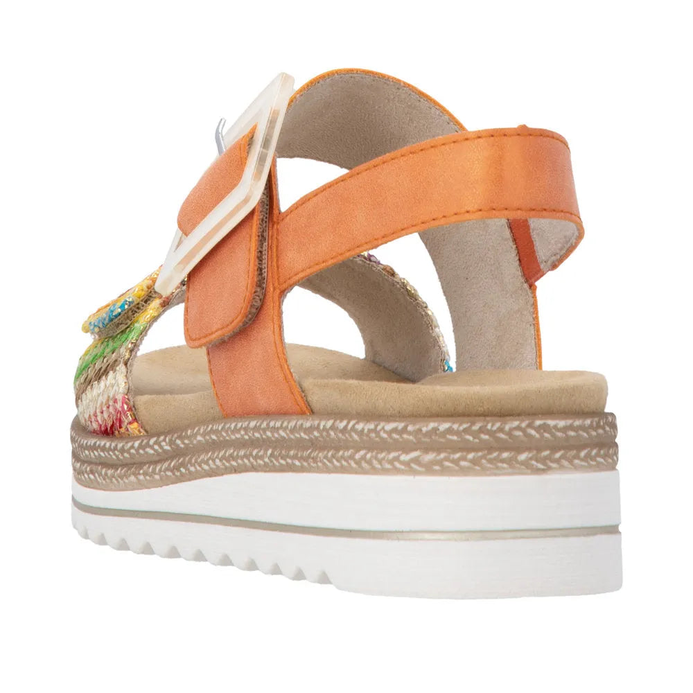 Remonte D0Q62-38 women's colorful orange touch fastening platform sandals with multicolor embroidered straps and chunky sole.