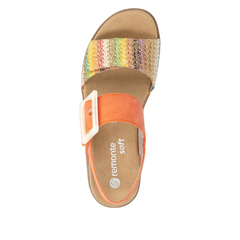 Remonte women's gold and orange touch fastening sandals with multicolored strap, cushioned insole, and adjustable buckle.