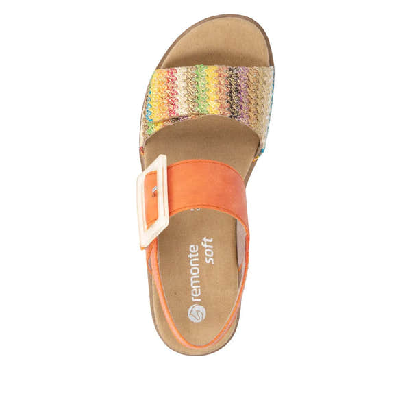 Remonte women's gold and orange touch fastening sandals with multicolored strap, cushioned insole, and adjustable buckle.