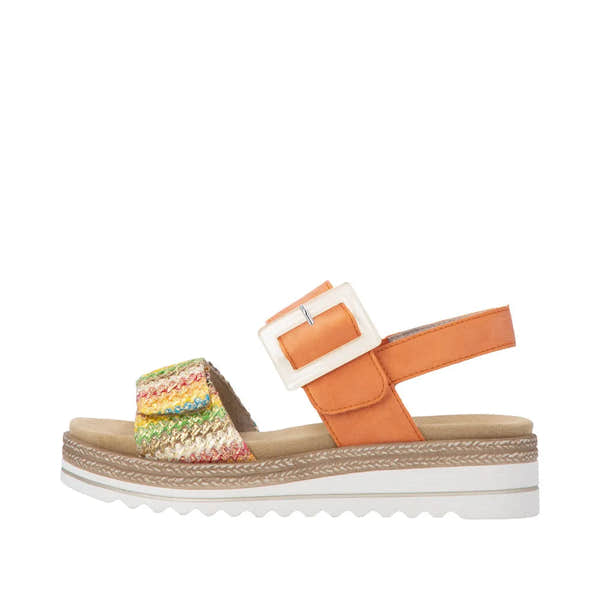 Remonte D0Q62-38 women's orange and gold touch fastening sandal with a multicolored woven strap and chunky sole.