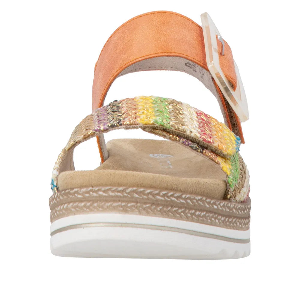 Remonte D0Q62-38 women's colorful orange and gold touch fastening sandal with woven design and cushioned insole.