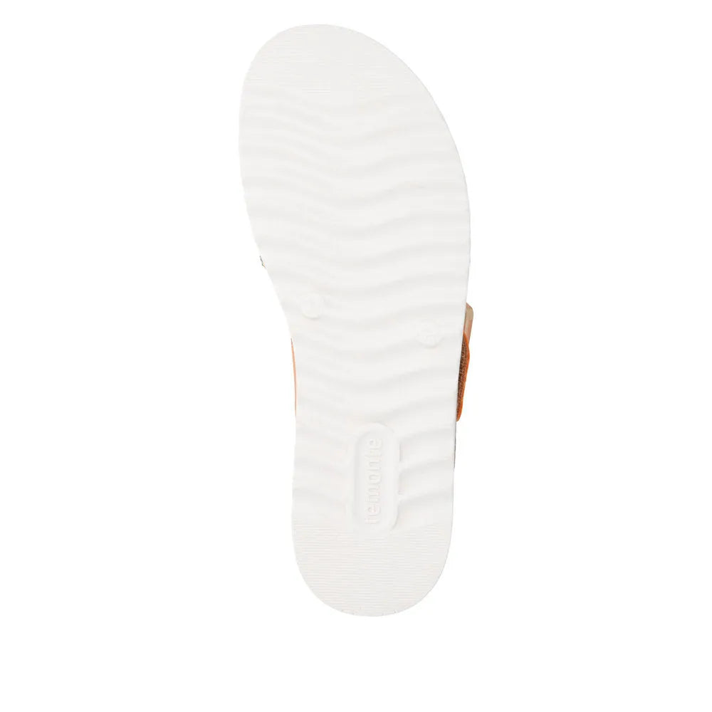 Remonte women's gold-orange touch fastening sandals with a white textured sole and open toe design.