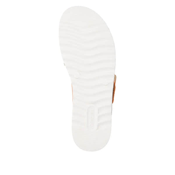 Remonte women's gold-orange touch fastening sandals with a white textured sole and open toe design.
