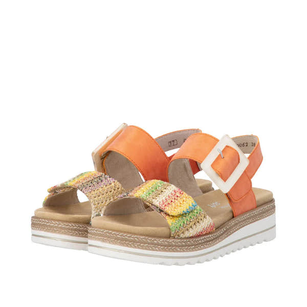 Remonte D0Q62-38 women's colorful orange and gold touch fastening sandal with woven straps and platform sole.