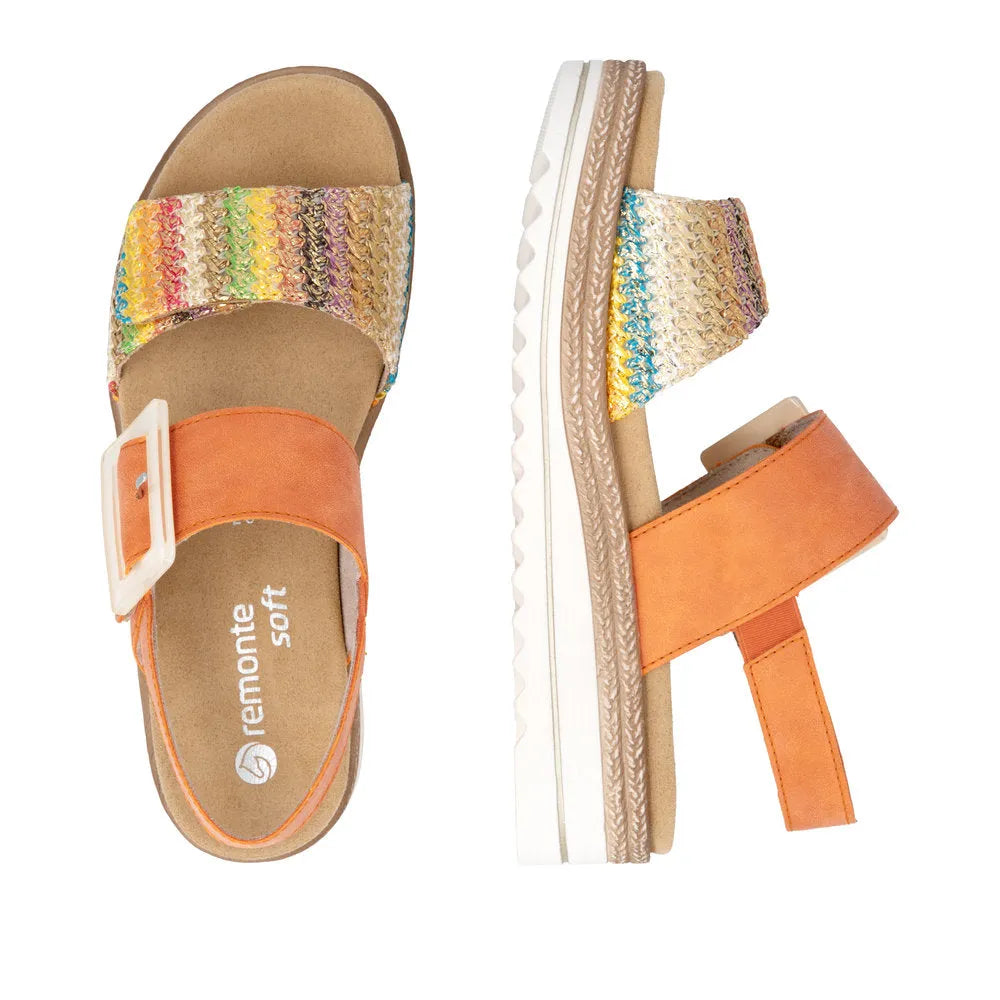 Remonte D0Q62-38 women's colorful orange and gold touch fastening sandals with woven straps and cushioned footbed.