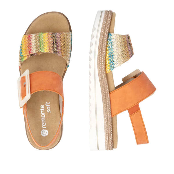 Remonte D0Q62-38 women's colorful orange and gold touch fastening sandals with woven straps and cushioned footbed.