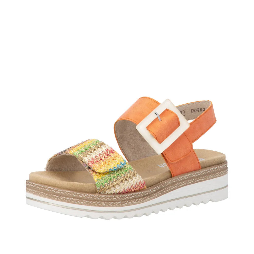 Remonte D0Q62-38 Women's colorful orange touch fastening sandals with multicolor woven strap and chunky white platform sole.