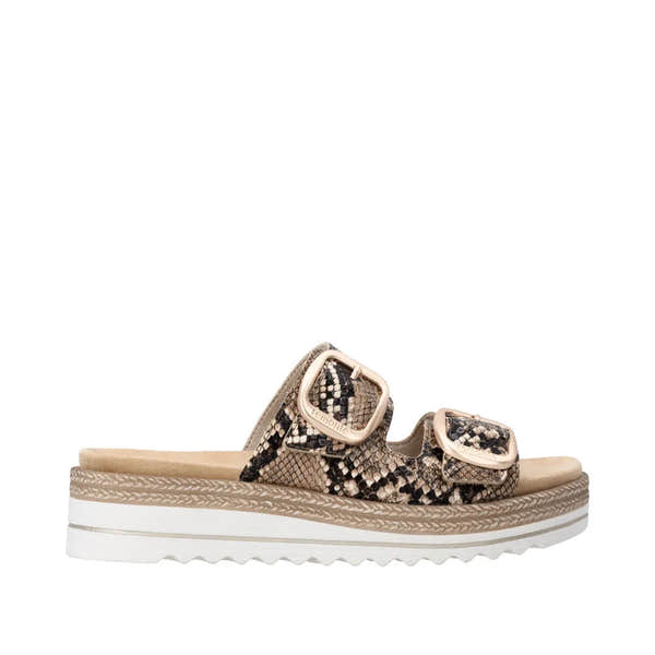 Remonte D0Q66-25 women's snake print slip-on mule sandals with touch fastening straps and chunky platform sole.