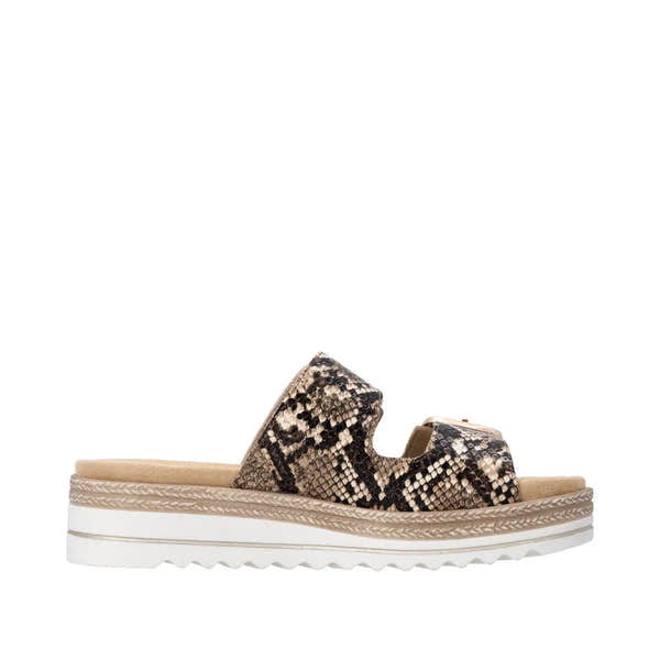 Remonte ladies snake print slip-on mule sandals with touch fastening, beige and black pattern, chunky white sole.