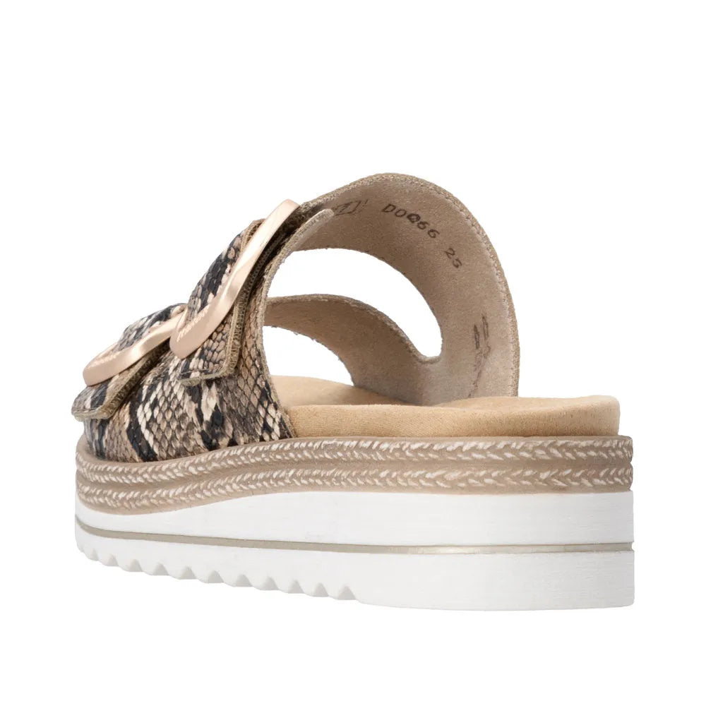 Remonte D0Q66-25 women's snake print slip-on mule with touch fastening, platform sole, and stylish design.