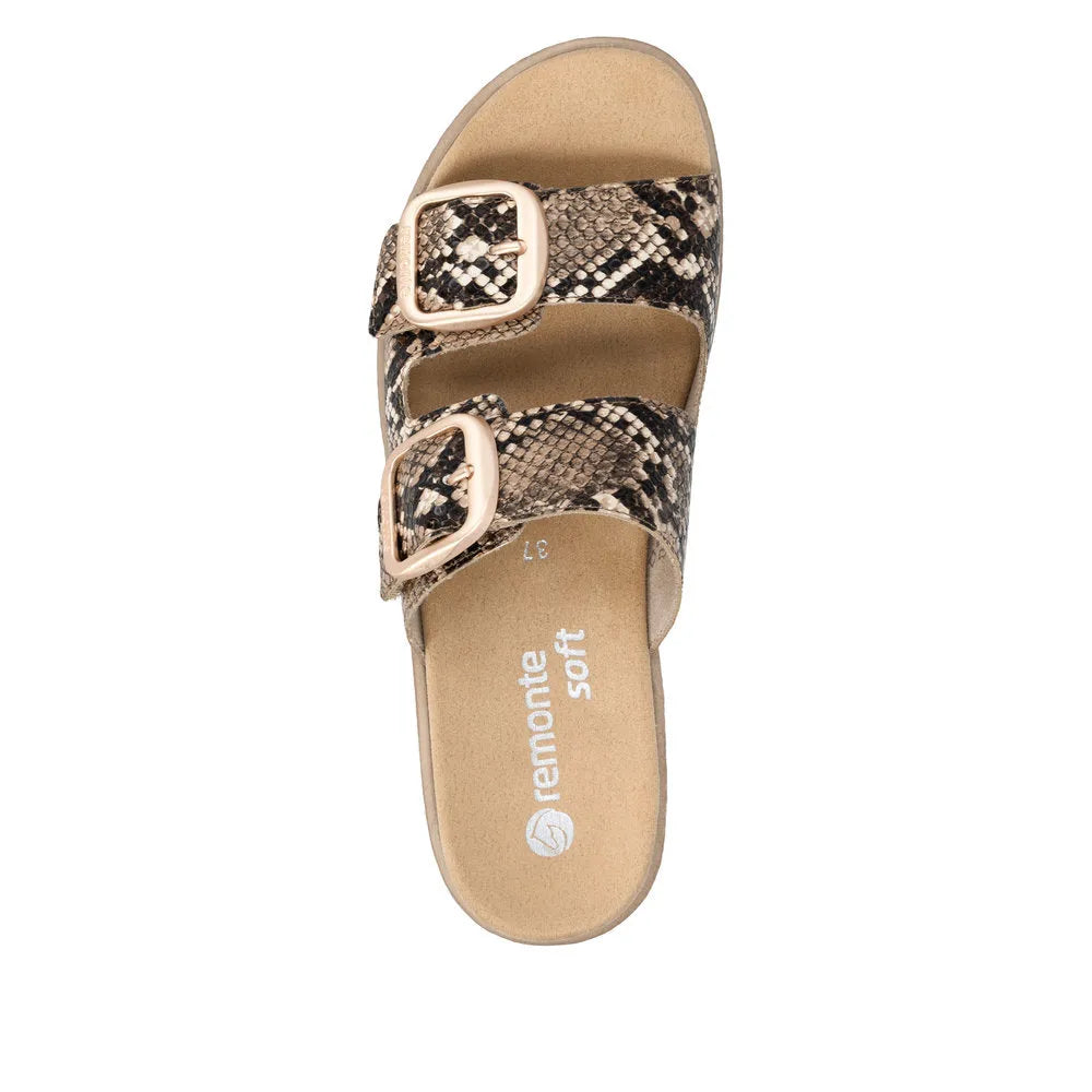 Remonte women's snake print slip-on mule sandals with touch fastening straps and gold-tone buckles.