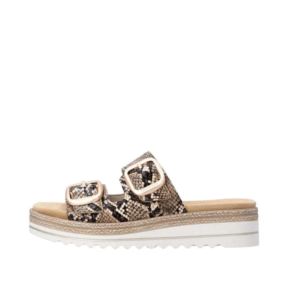 Remonte D0Q66-25 women's snake print slip-on mule sandals with touch fastening straps and platform sole.