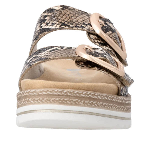 Remonte Ladies Snake Print Touch Fastening Mules with Buckle Details, Slip-On Design, and Cushioned Footbed.