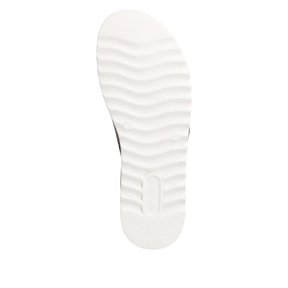Remonte ladies snake print touch fastening mule with white textured sole and slip-on design.