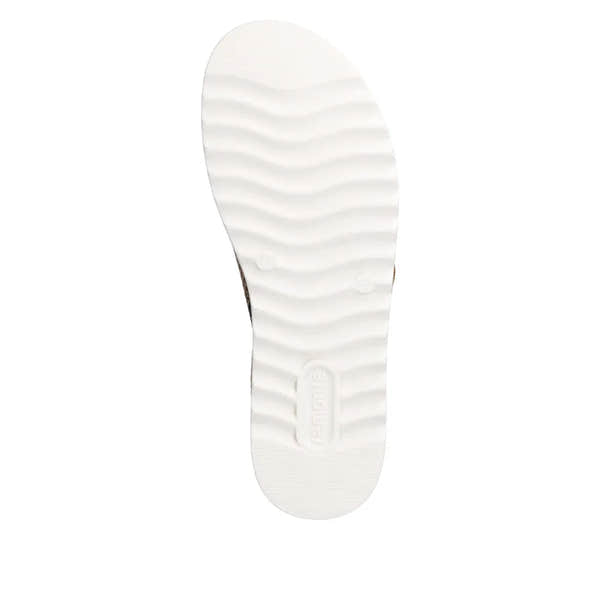 Remonte ladies snake print touch fastening mule with white textured sole and slip-on design.