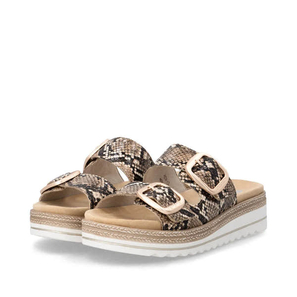 Remonte D0Q66-25 ladies snake print slip-on mule sandals with touch fastening, chunky platform sole, and stylish animal design.