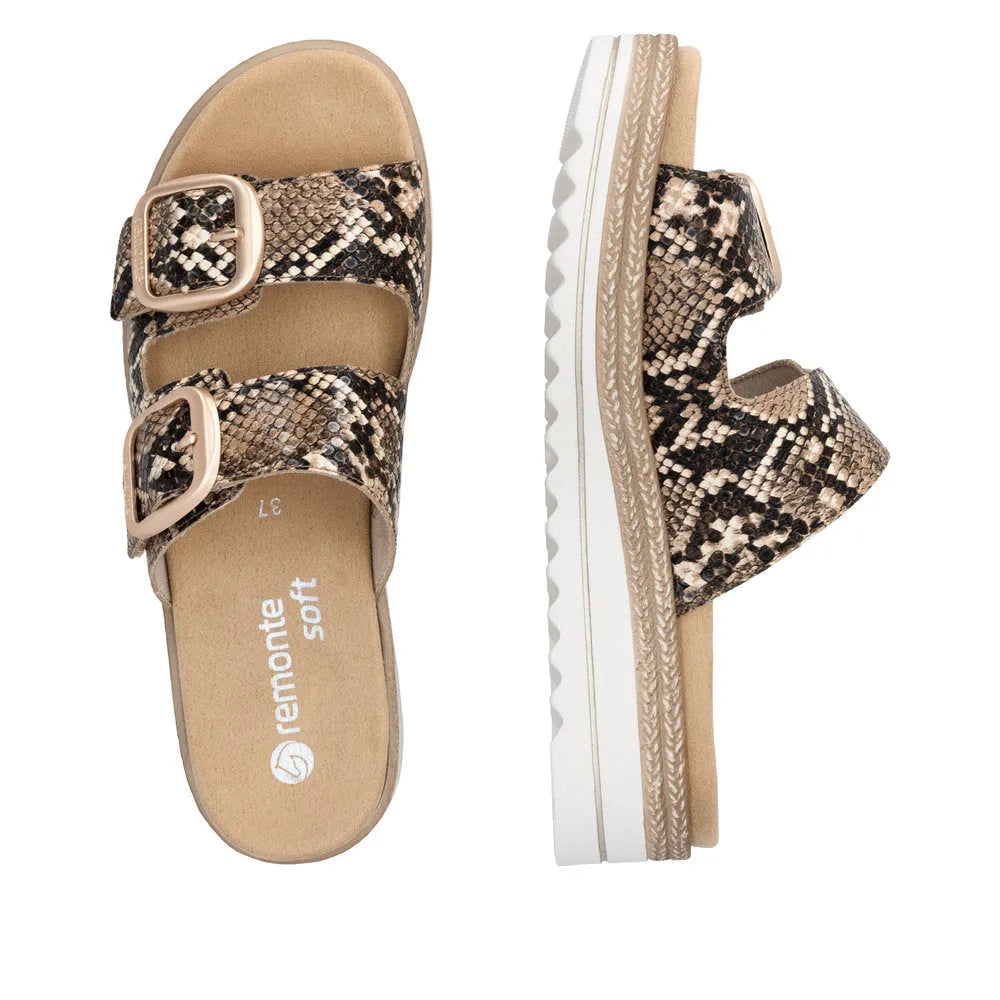 Remonte D0Q66-25 women's snake print touch fastening mule sandals with two straps and buckle detail, beige sole, casual footwear.
