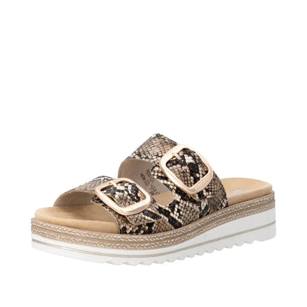 Remonte D0Q66-25 women's snake print touch fastening mule sandals with double buckles and chunky sole.