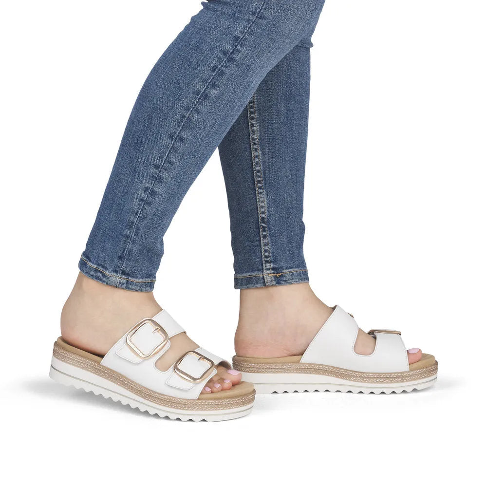 Remonte D0Q66-80 women's off-white leather mule sandals with touch fastening straps and chunky sole.
