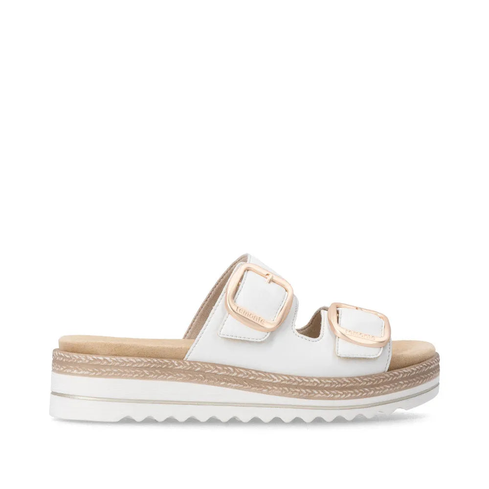 Remonte D0Q66-80 women's off-white leather mule sandals with touch fastening straps and platform sole.