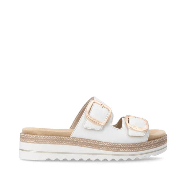 Remonte D0Q66-80 women's off-white leather mule sandals with touch fastening straps and platform sole.