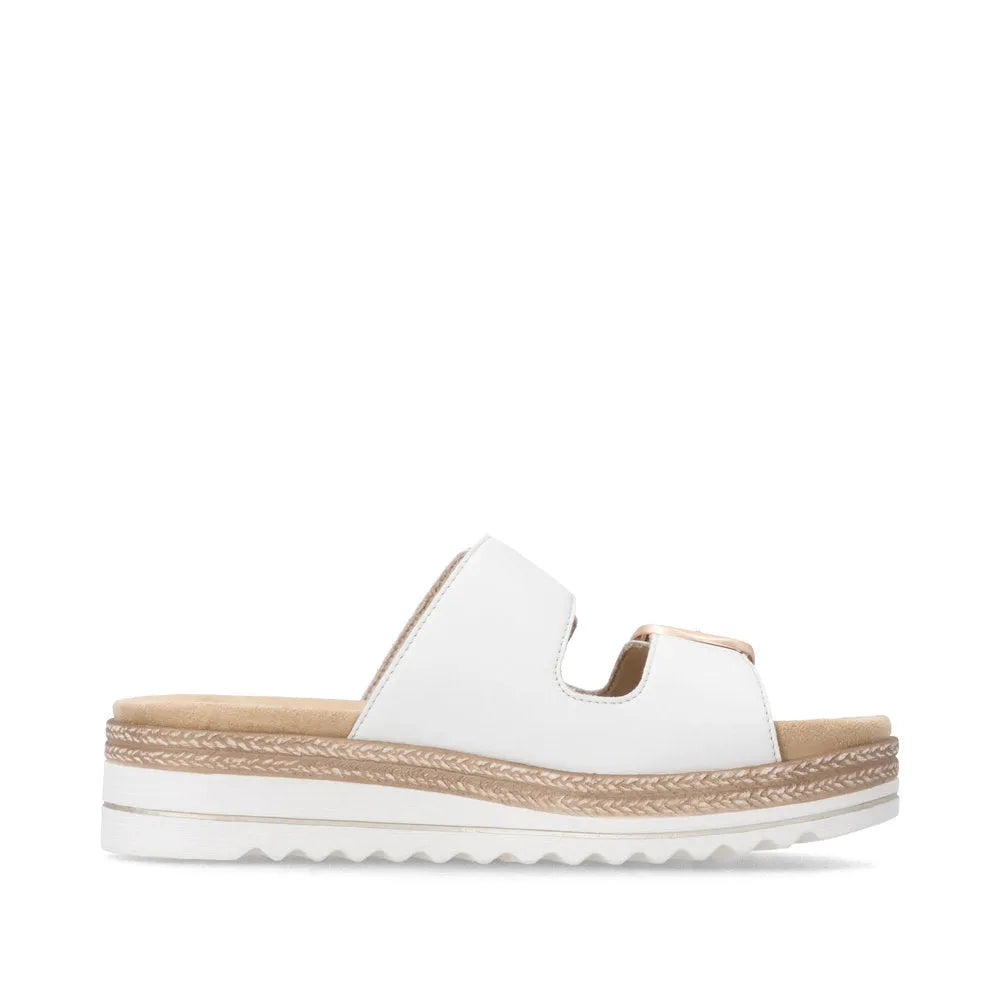 Remonte D0Q66-80 women's off-white leather mule sandals with touch fastening, cushioned sole, and braided jute detail.