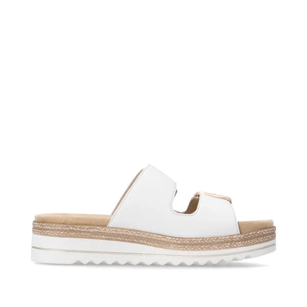Remonte D0Q66-80 women's off-white leather mule sandals with touch fastening, cushioned sole, and braided jute detail.