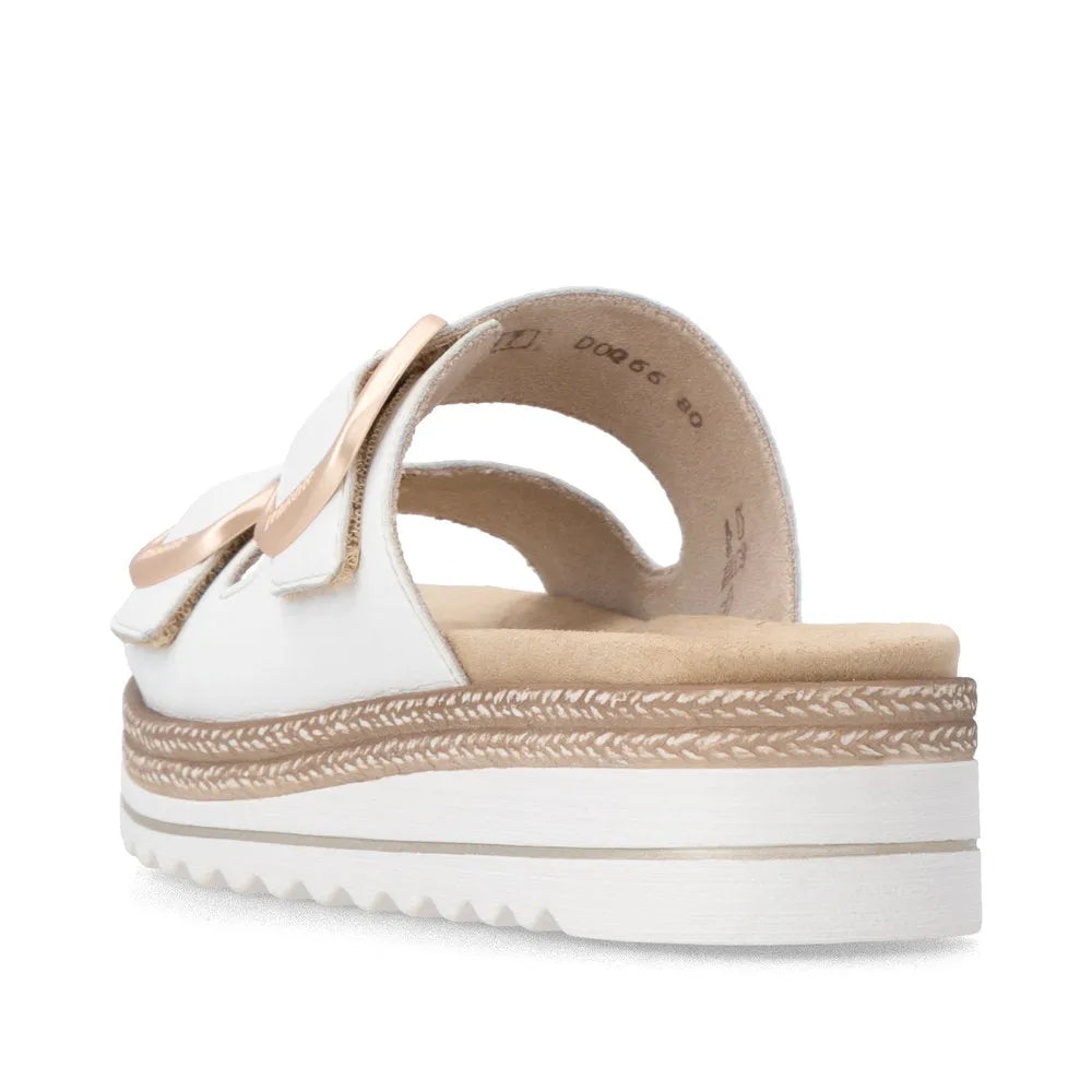 Remonte Ladies off-white leather mule with touch fastening, cushioned insole, chunky sole with braided detail, and bow embellishment.