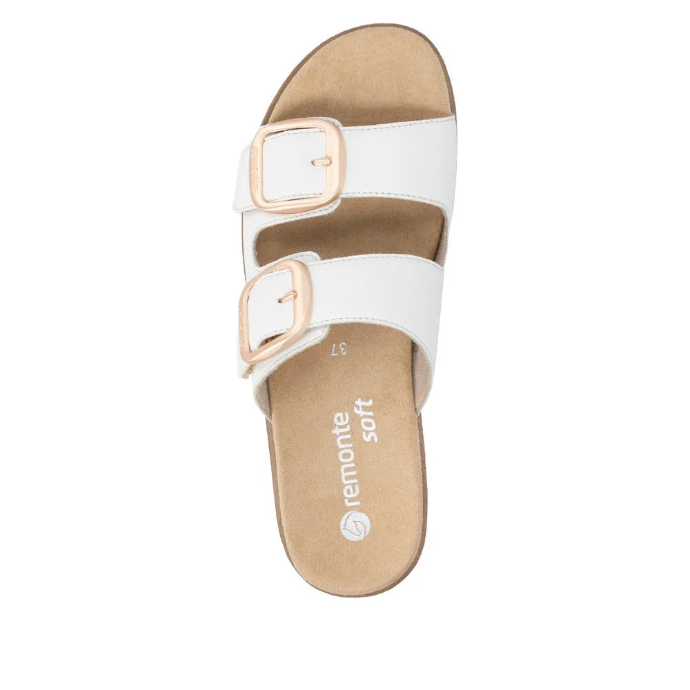 Remonte D0Q66-80 women's off-white leather mule sandals with touch-fastening straps and rose gold buckles.
