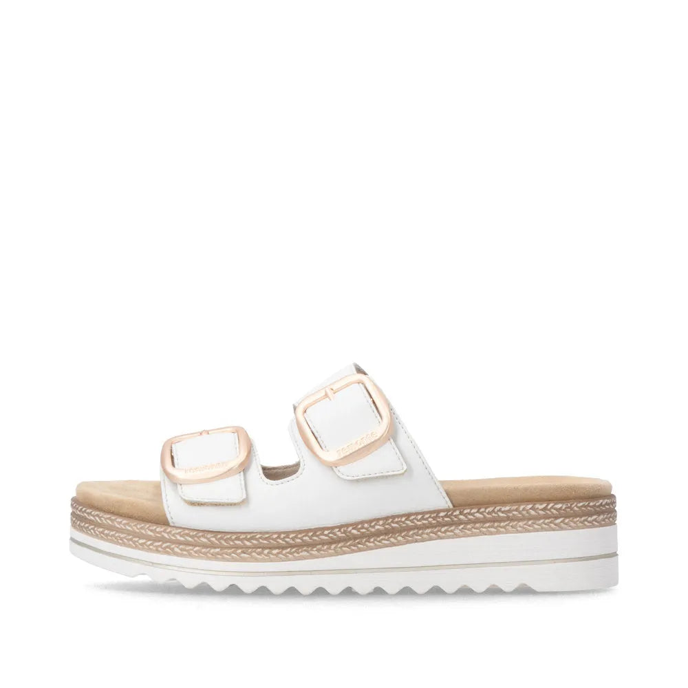 Remonte D0Q66-80 women's off-white leather slip-on mule sandals with touch-fastening straps and platform sole.