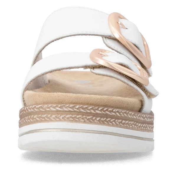 Remonte women's off-white leather slip-on mule with touch fastening straps and rose gold hardware, thick platform sole, and braided detail.