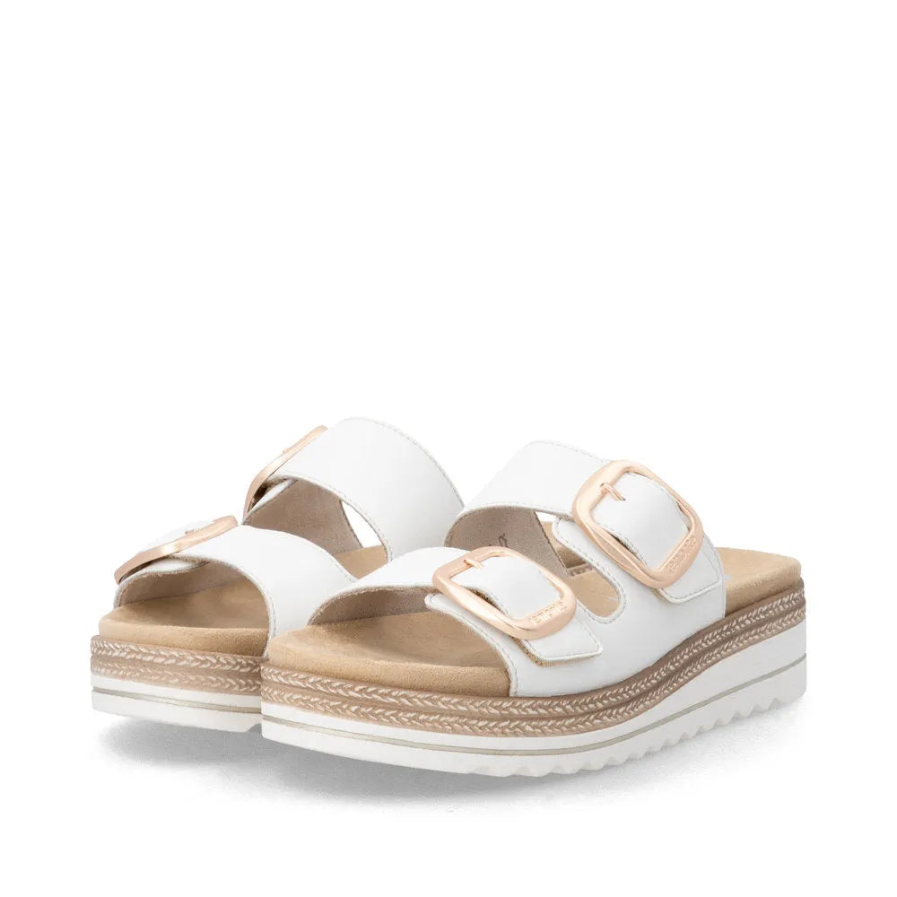 Remonte D0Q66-80 women's off-white leather mules with touch fastening straps, beige cushioned footbed, and wedge sole.