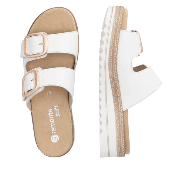 Remonte ladies off-white leather mules with touch fastening, platform sole, and beige accents.