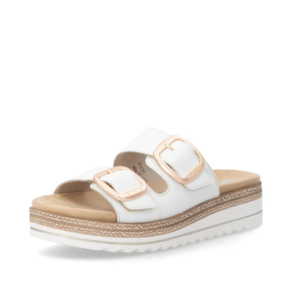 Remonte D0Q66-80 women's off-white leather slip-on mules with touch-fastening straps and chunky sole.