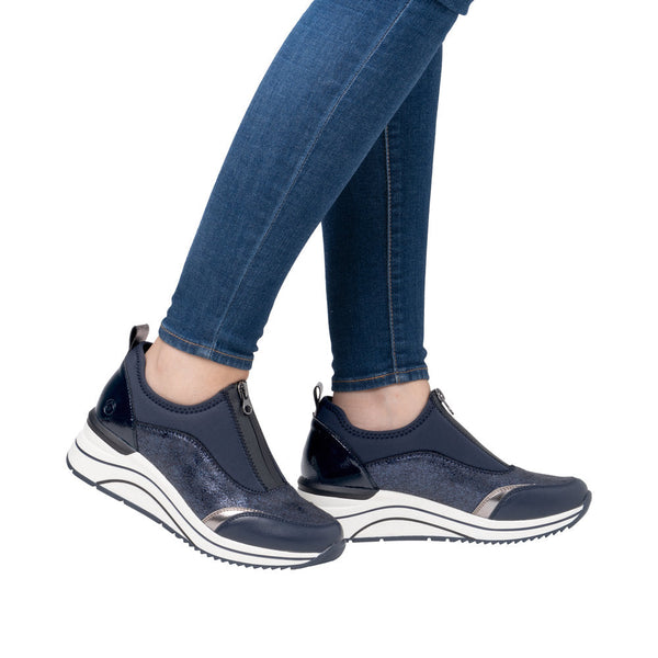 Remonte D0T08-12 Ladies Wide Navy Leather & Textile Front Zip Shoes-elevate your sole
