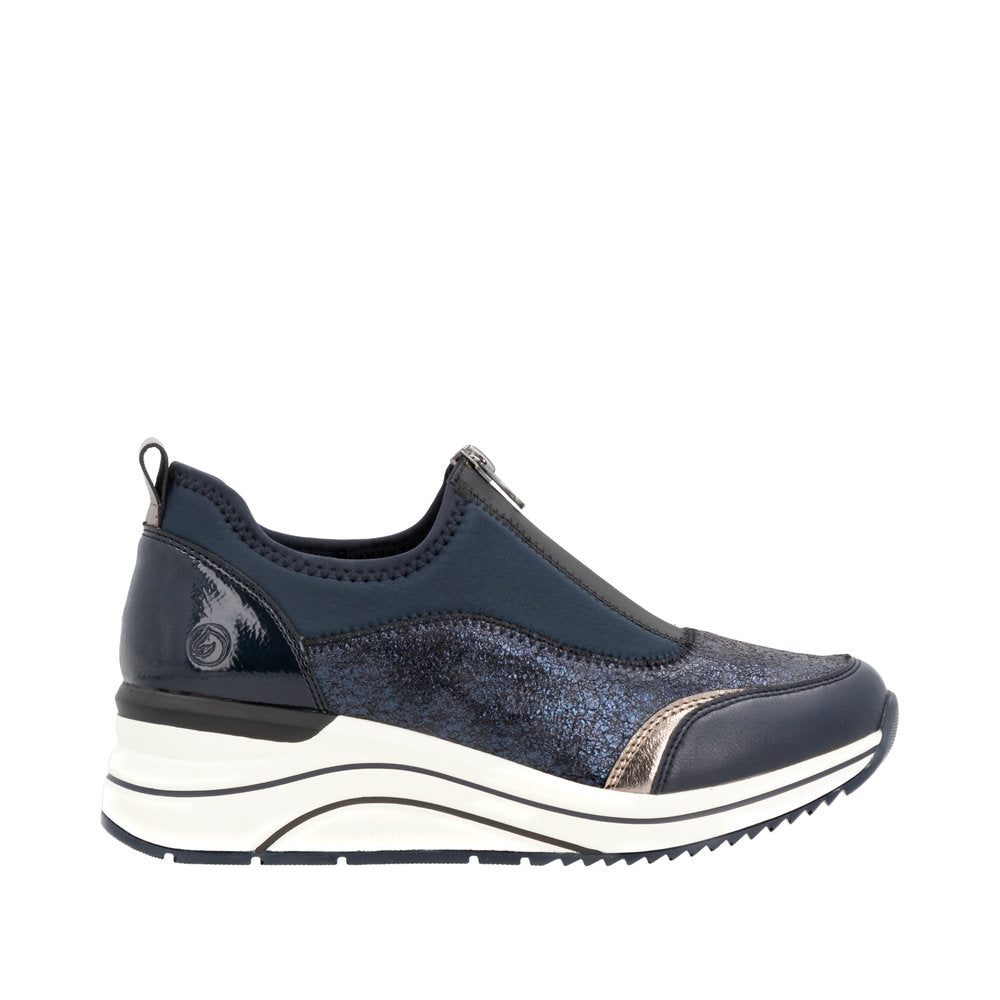 Remonte D0T08-12 Ladies Wide Navy Leather & Textile Front Zip Shoes-elevate your sole