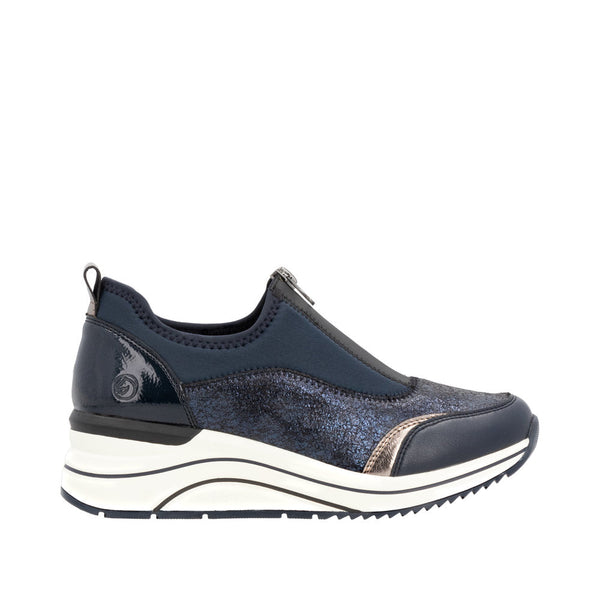 Remonte D0T08-12 Ladies Wide Navy Leather & Textile Front Zip Shoes-elevate your sole