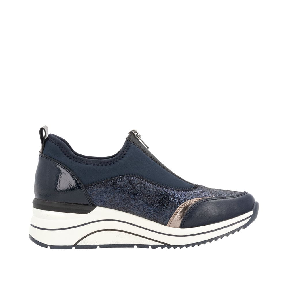 Remonte D0T08-12 Ladies Wide Navy Leather & Textile Front Zip Shoes-elevate your sole