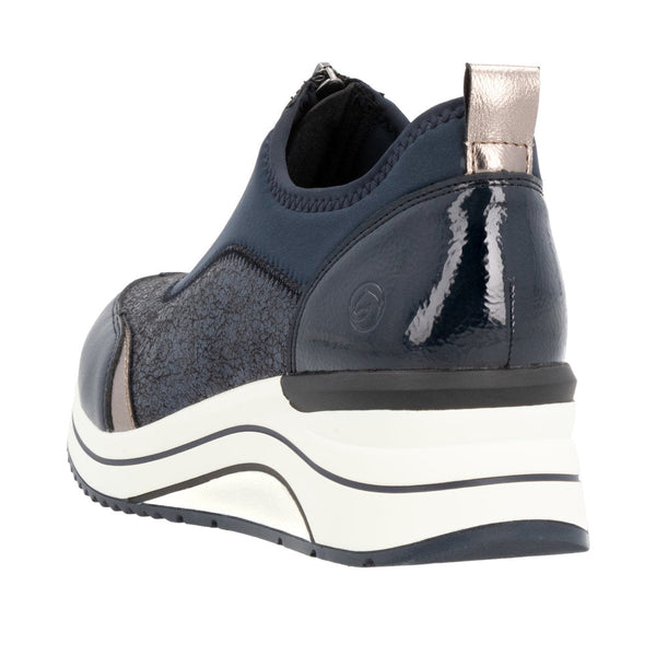 Remonte D0T08-12 Ladies Wide Navy Leather & Textile Front Zip Shoes-elevate your sole
