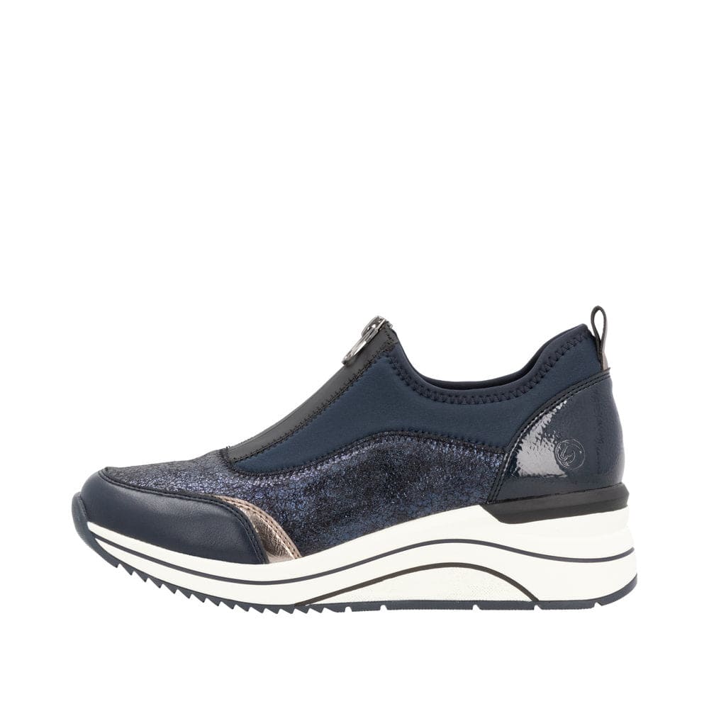 Remonte D0T08-12 Ladies Wide Navy Leather & Textile Front Zip Shoes-elevate your sole