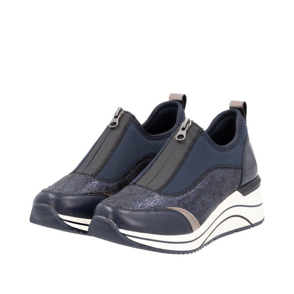 Remonte D0T08-12 Ladies Wide Navy Leather & Textile Front Zip Shoes-elevate your sole
