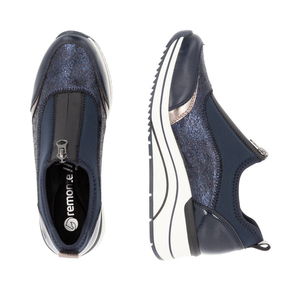 Remonte D0T08-12 Ladies Wide Navy Leather & Textile Front Zip Shoes-elevate your sole