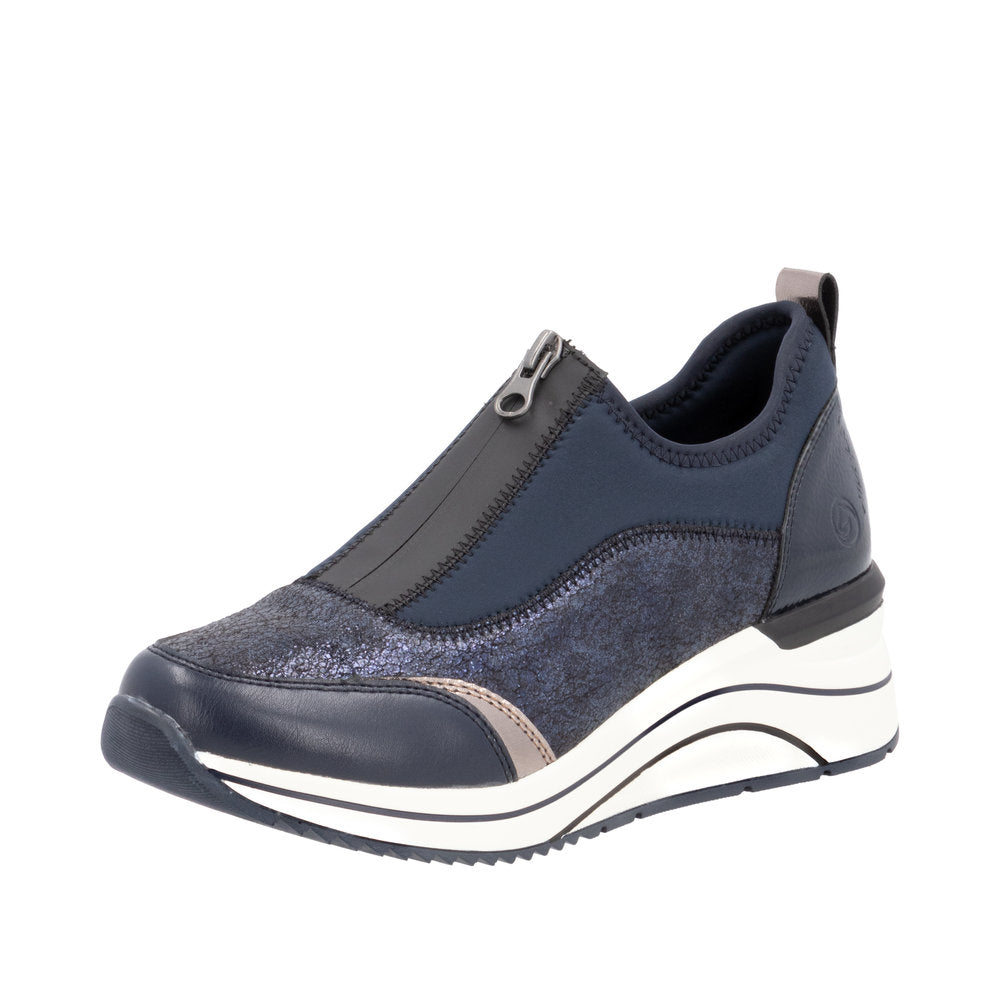 Remonte D0T08-12 Ladies Wide Navy Leather & Textile Front Zip Shoes-elevate your sole