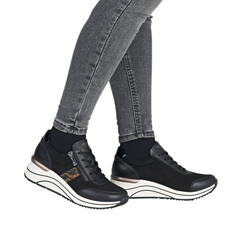 Remonte Ladies Black Vegan Zip & Lace Shoes with wide fit, stylish design, and chunky white sole.