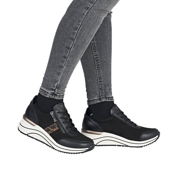 Remonte Ladies Black Vegan Zip & Lace Shoes with wide fit, stylish design, and chunky white sole.