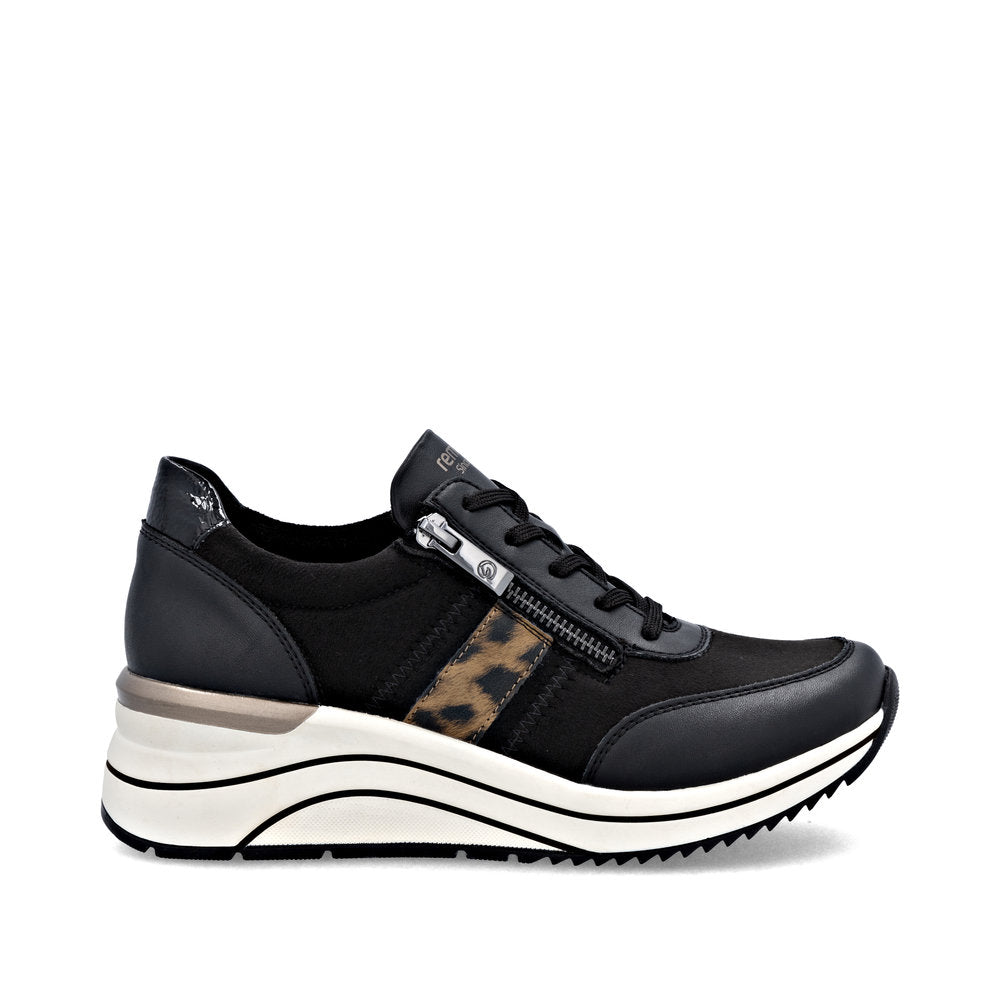 Remonte D0T09-04 women's wide-fit black vegan sneakers with zip and lace-up front, leopard print stripe, chunky platform sole.