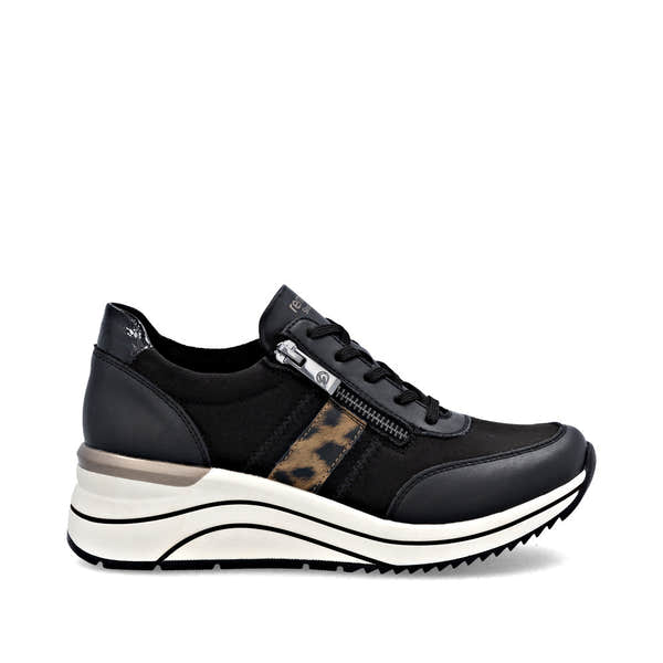 Remonte D0T09-04 women's wide-fit black vegan sneakers with zip and lace-up front, leopard print stripe, chunky platform sole.