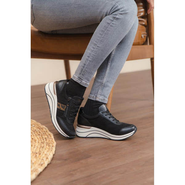 Remonte D0T09-04 women's wide black vegan zip and lace wedge sneakers with leopard detail, stylish and comfortable footwear.