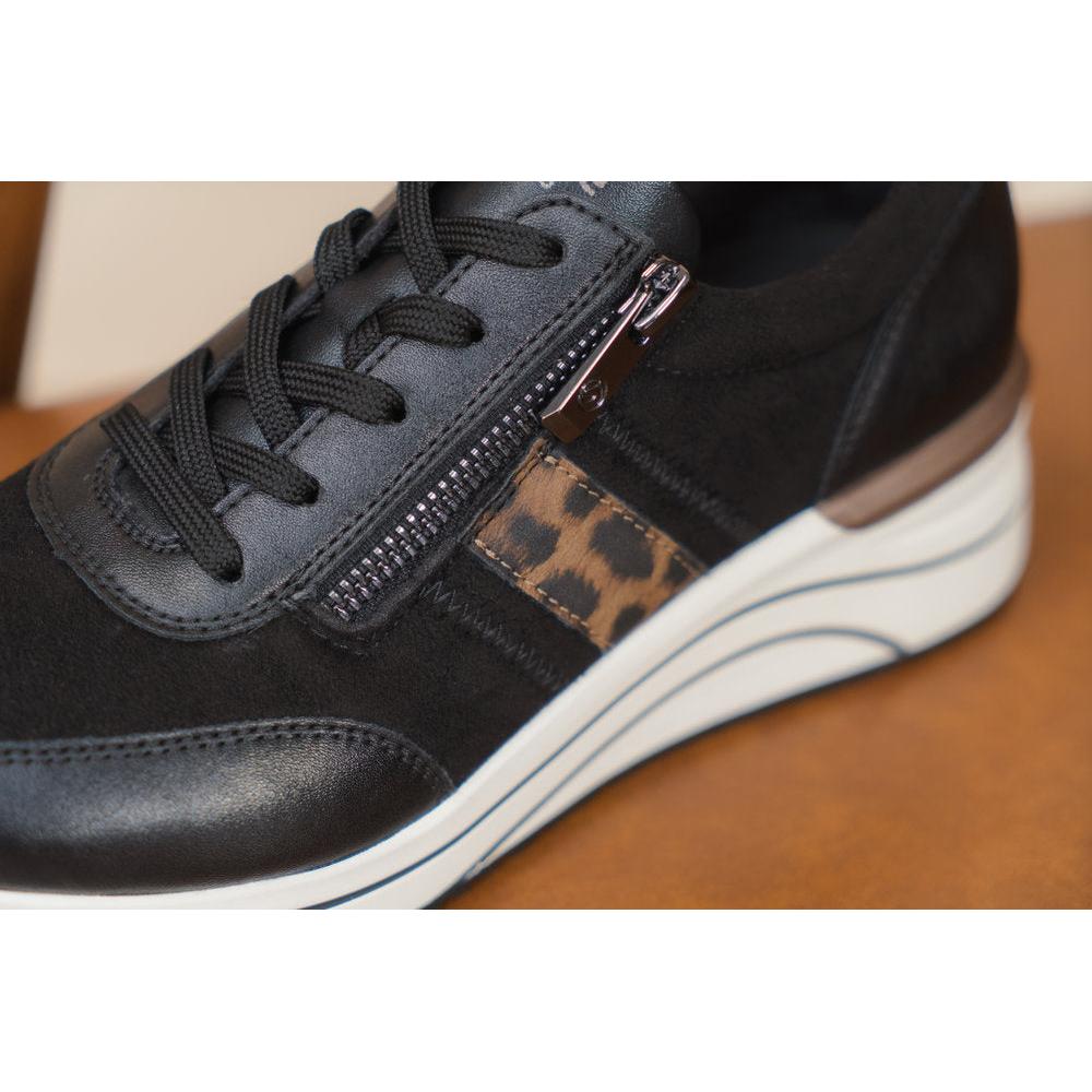 Remonte D0T09-04 women's wide black vegan shoes with lace-up, side zip, and leopard-print detail, rubber sole, stylish and comfortable.